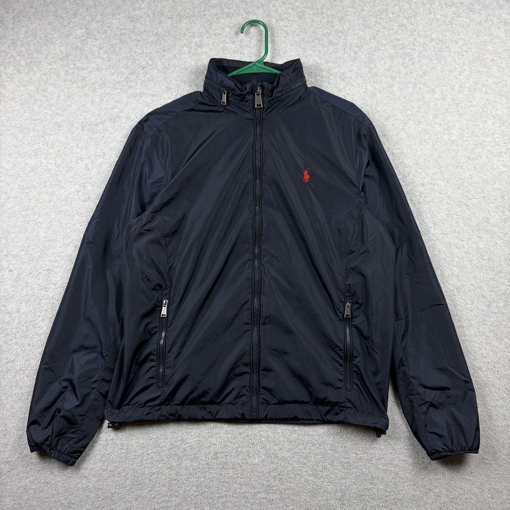 Polo Ralph Lauren Jacket Mens Medium Blue Full Zip Hooded Nylon Windbreaker Pony